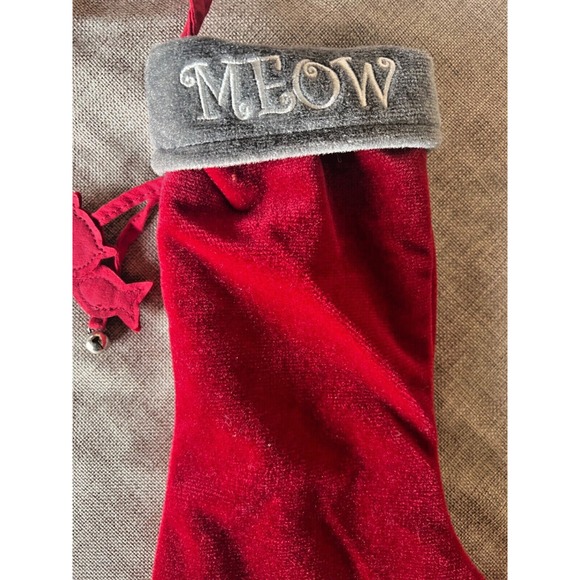 Christmas Stocking Meow Pet Cat Kitty Kitten Red Silver Fish Bells Velvet 15" - Picture 3 of 8